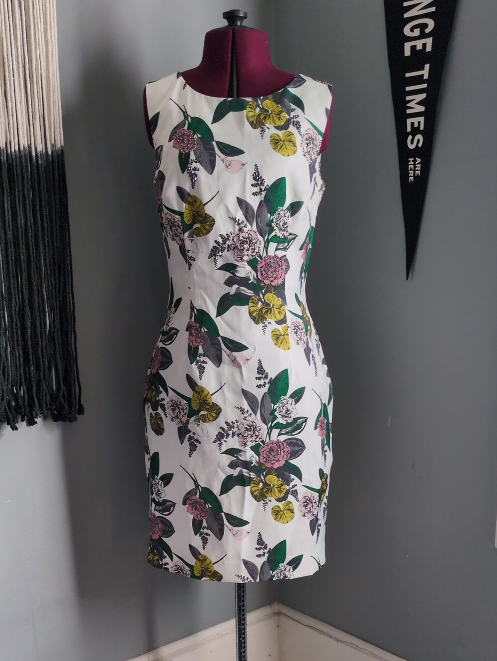 H&M White Floral Sheath Dress with Green, Yellow and Pink Print Beaded Detail
